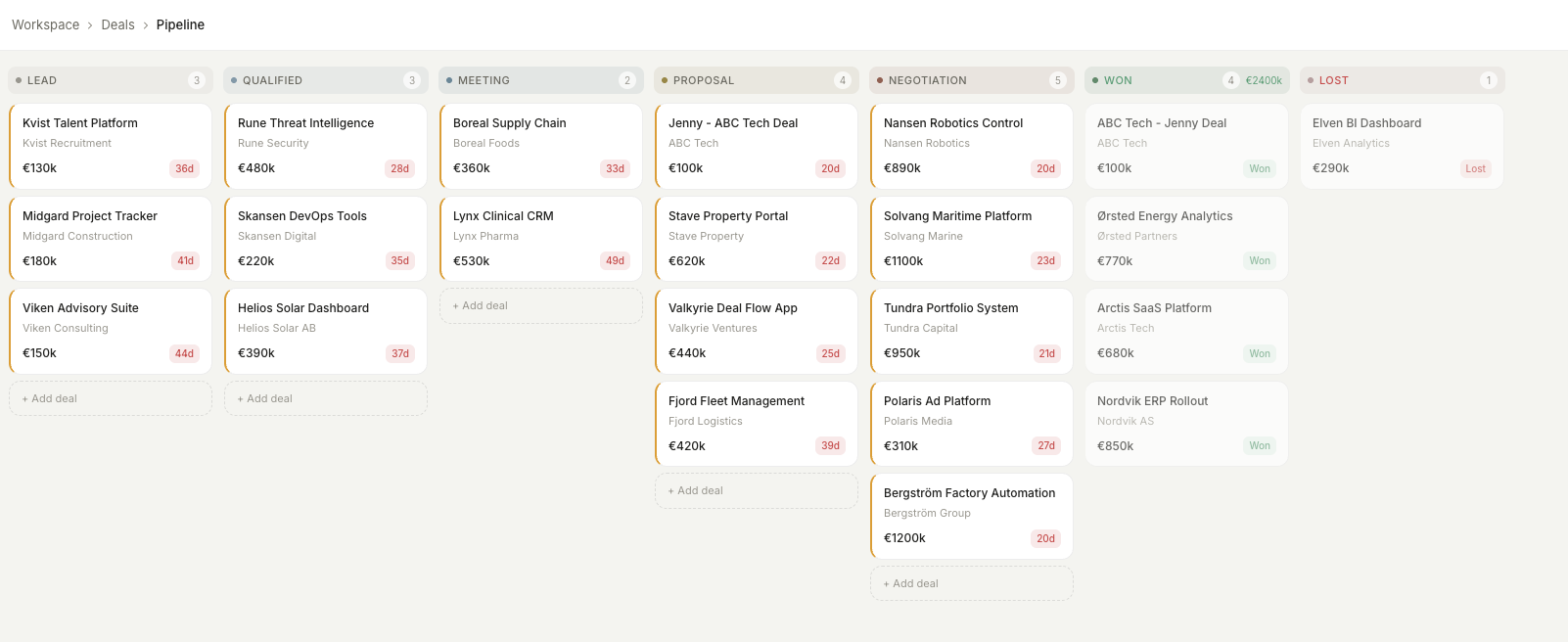 Rollable AI CRM kanban pipeline view with deal health scores and invoice tracking